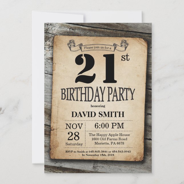 Rustique 21e anniversaire Invitation Bois Vintage (Devant)