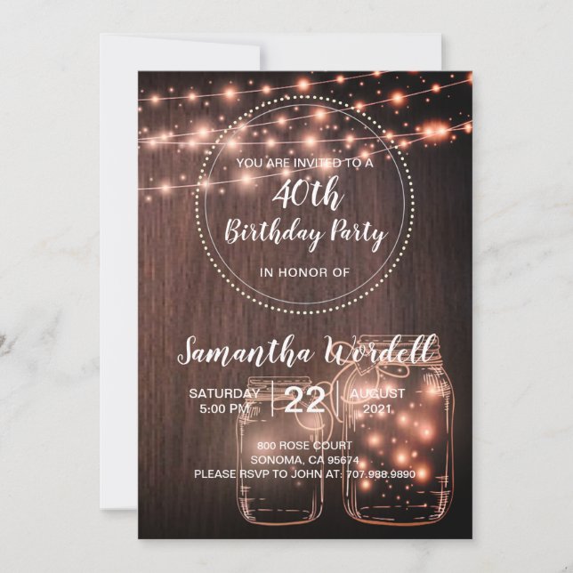 Rustique 40e anniversaire String Lights Invitation (Devant)
