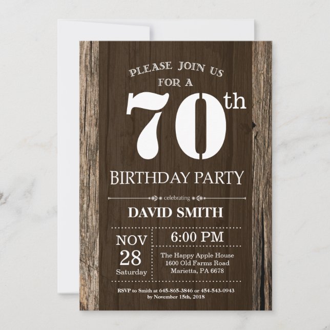 Rustique 70e anniversaire Invitation Bois Vintage (Devant)