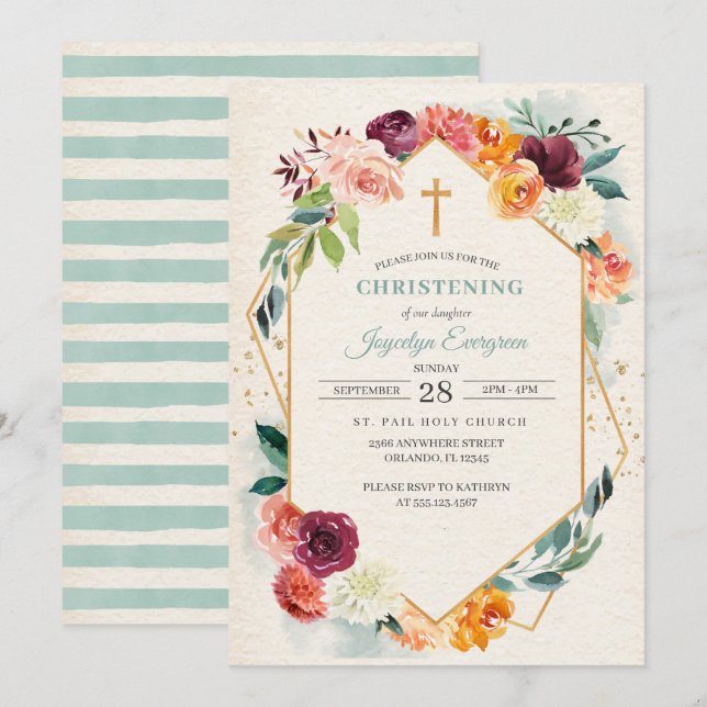 Rustique Automne Floral Christening Invitation (Devant / Derrière)