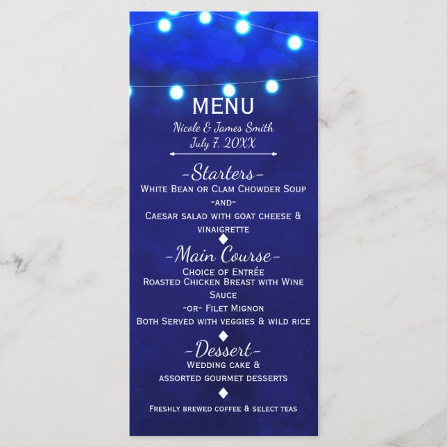 Rustique Bleu Chaîne Lights Élégant Menu Mariage (Devant)