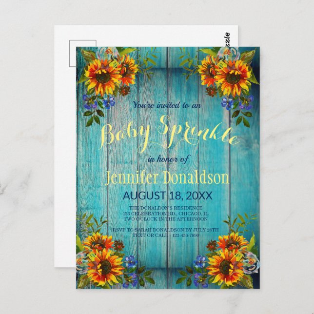 Rustique Bleu Tournesol Baby Sprinkle Invitation (Devant / Derrière)