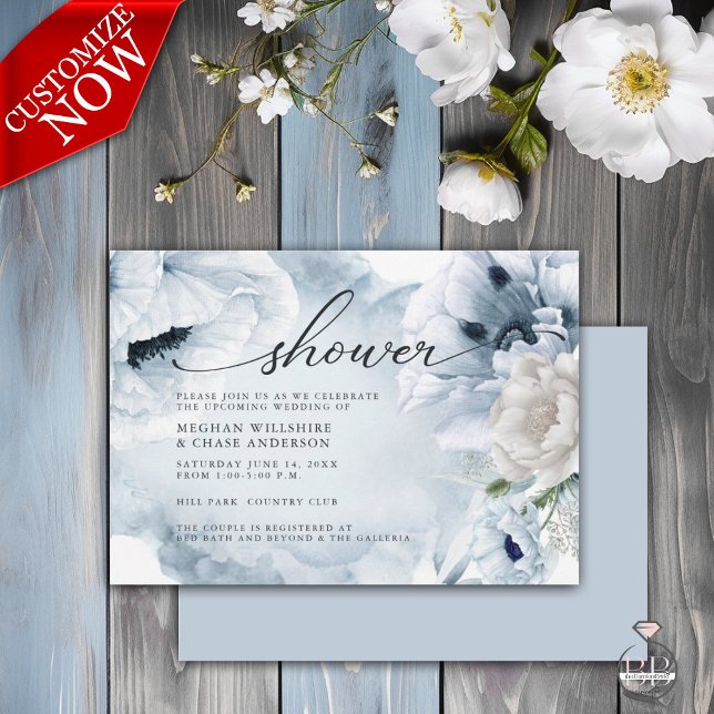 Rustique Blue Floral Aquarelle Poppies Invitation (Easy to Customize with your details)