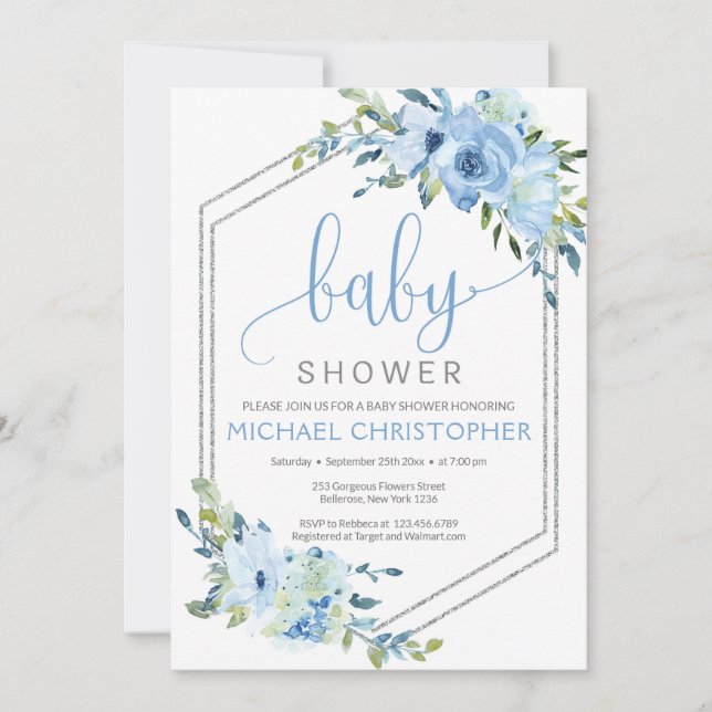 Rustique Blue Floral Boy Baby shower Invitation (Devant)