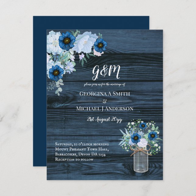Rustique Blue Floral Wedding Invitations Mason Jar (Devant / Derrière)