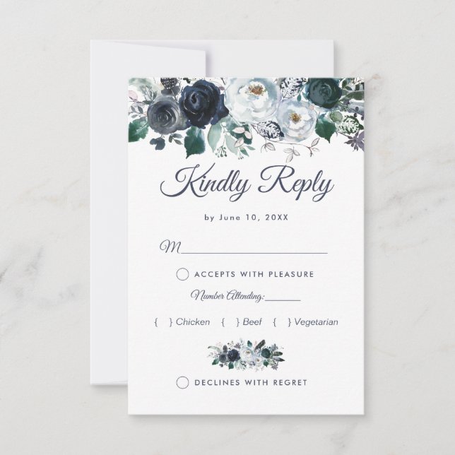 Rustique Boho Blue Floral Wedding RSVP avec menu (Devant)