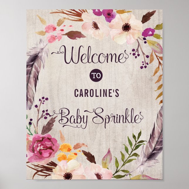 Rustique Boho Floral Affiche de bienvenue bébé sau (Devant)