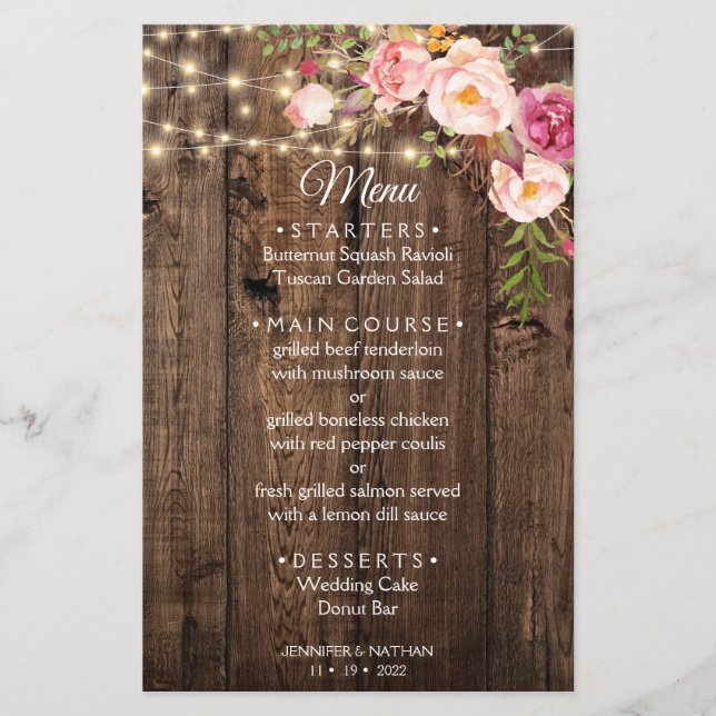 Rustique Boho Floral Mariage campagnard menu modèl (Devant)