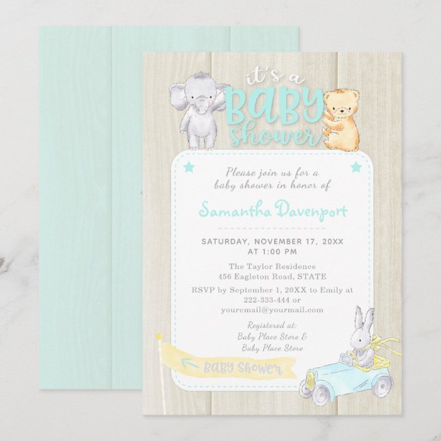 Rustique Bois Bébé Animaux Douche Invitation | Men (Devant / Derrière)