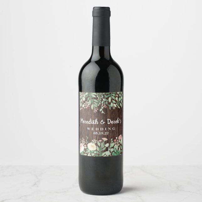 Rustique Bois Blush Floral mariage vin étiquette (Devant)