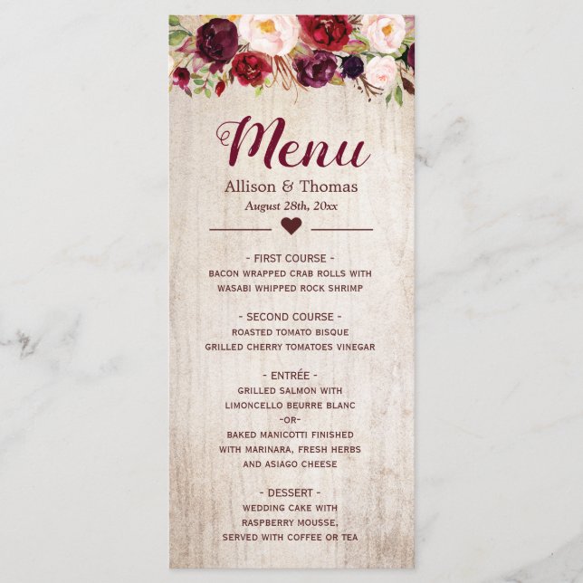 Rustique Bois Bourgogne Blush Floral Mariage Menu (Devant)