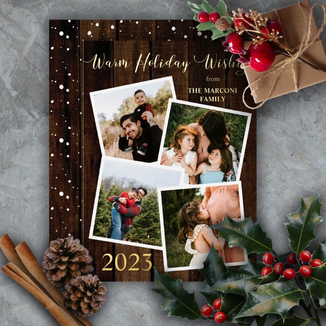 Rustique Bois Chaleureux Vacances 4 Photo Huile (Wish them "Warm Holiday Wishes" in country rustic style with this faux wood 4-photo gold foil design)