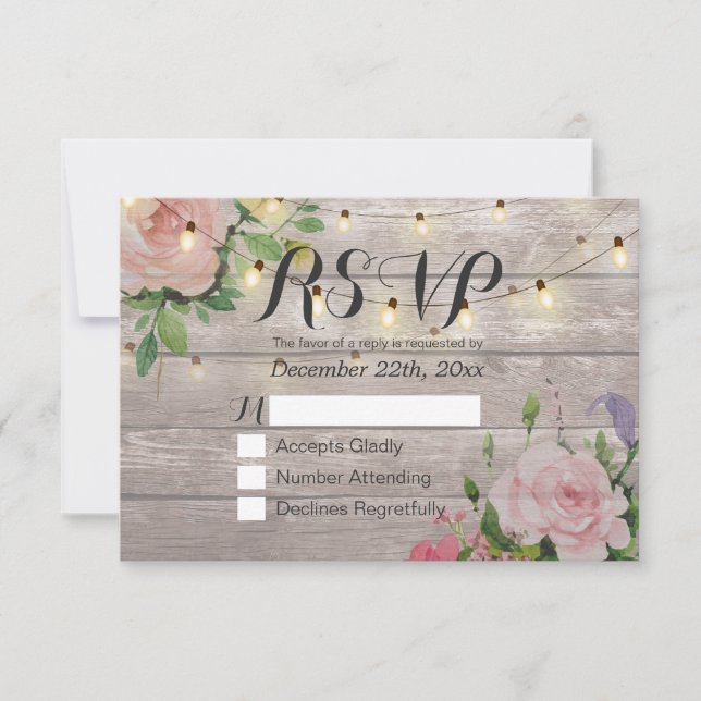 Rustique Bois Floral String Lumière Mariage RSVP R (Devant)