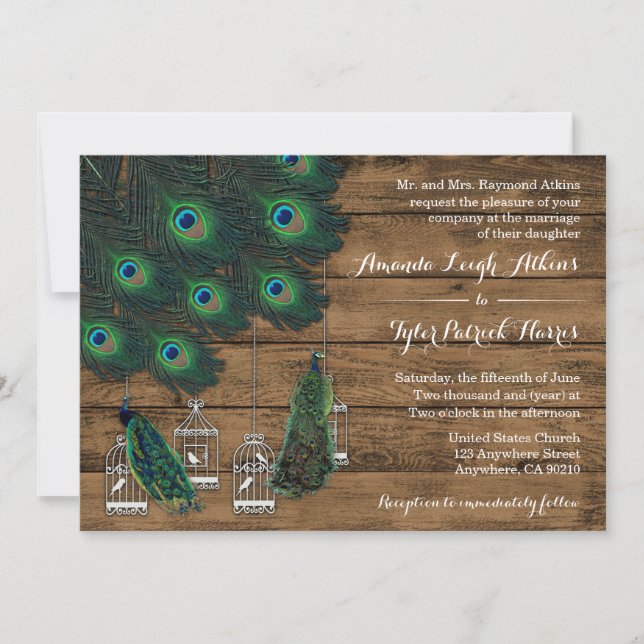 Rustique Bois Peacock Plumes Mariage Invitations (Devant)