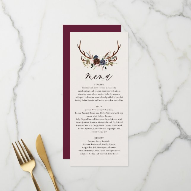 Rustique bordeaux marine floral menu mariage (Devant/Arrière en situation)