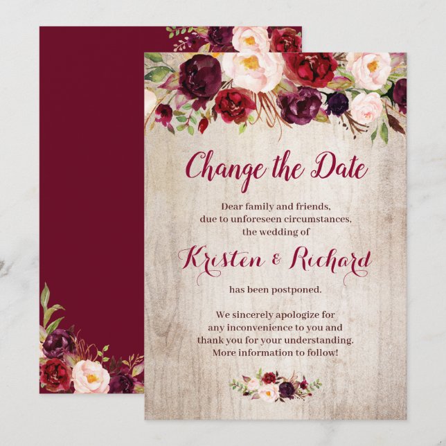 Rustique Bourgogne Rouge Floral Modifier la carte  (Devant / Derrière)