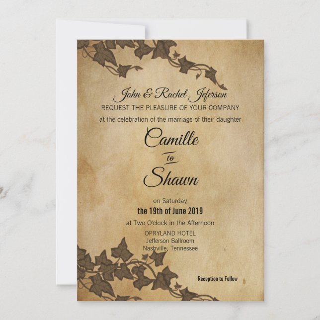 Rustique Brown Ivy Faire-part de mariage (Devant)
