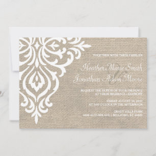 Rustique Burlap Damask Vintage Wedding Invitation