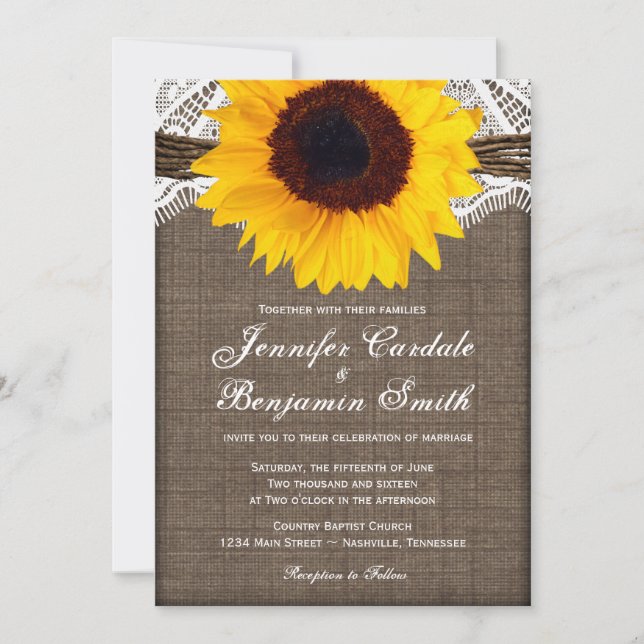 Rustique Burlap dentelle tournesol invitation mari (Devant)