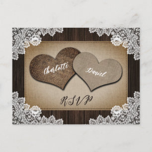 Rustique Burlap Hearts RSVP Carte Postale Meal Cho