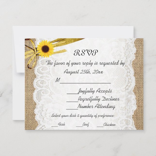 Rustique Burlap Sunflower Lace Mariage RSVP carte (Devant)