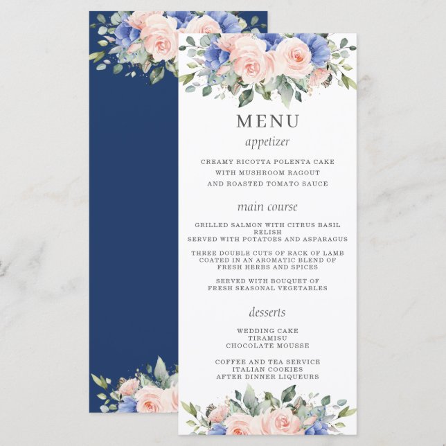 Rustique Chic Blush Blue Floral Flowers Menu Maria (Devant / Derrière)