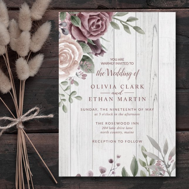 Rustique Dusty Rose Floral Bouquet Bois Invitation (Créateur téléchargé)