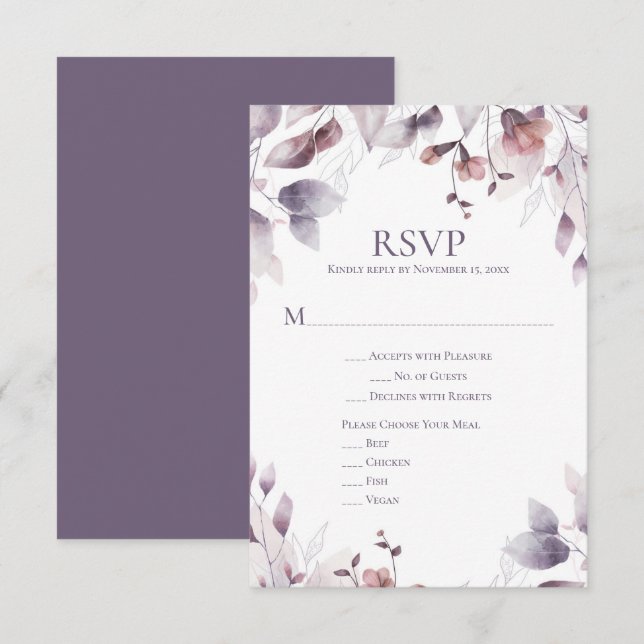 Rustique Dusty violet mauve rose floral RSVP (Devant / Derrière)