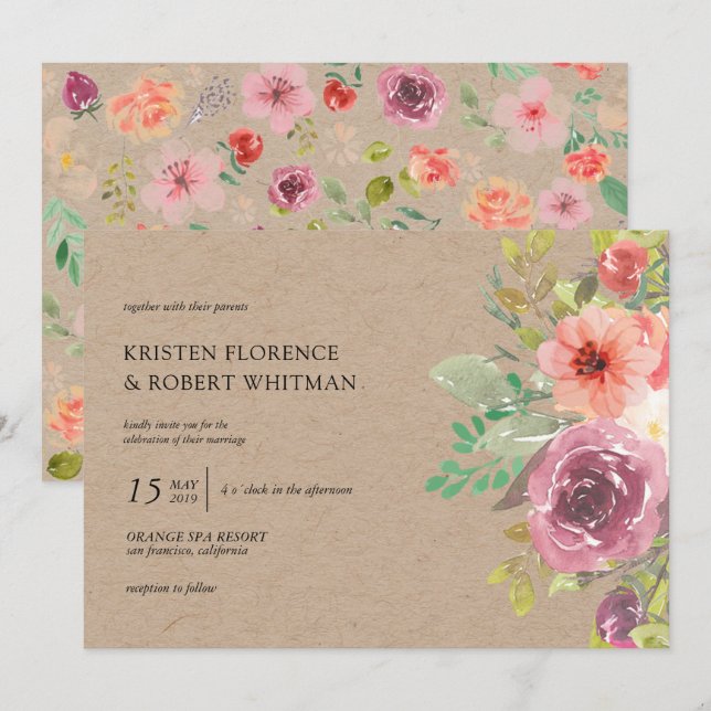 Rustique été Floral Kraft Faire-part de mariage (Devant / Derrière)