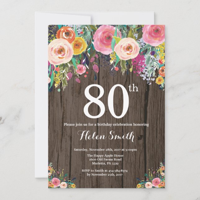 Rustique Floral 80e anniversaire Invitation (Devant)
