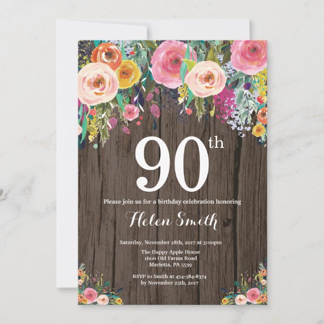 Rustique Floral 90e anniversaire Invitation (Devant)