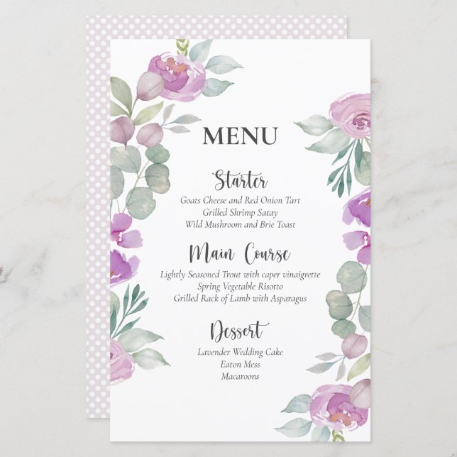 Rustique Floral Rose Watercolor Menu Mariage (Devant / Derrière)