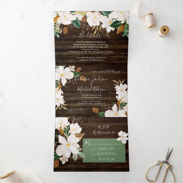 Rustique Magnolia Floral Mariage triple Invitation (Intérieur)