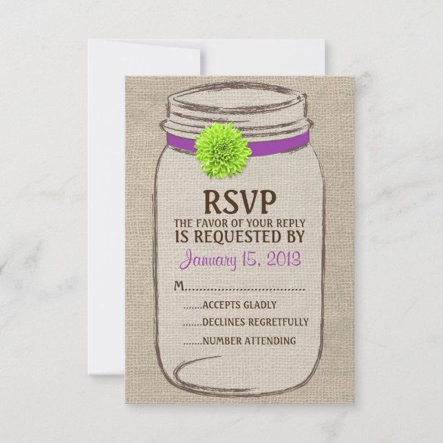 Rustique Mason Jar & Burlap Purple Green RSVP Card (Devant)