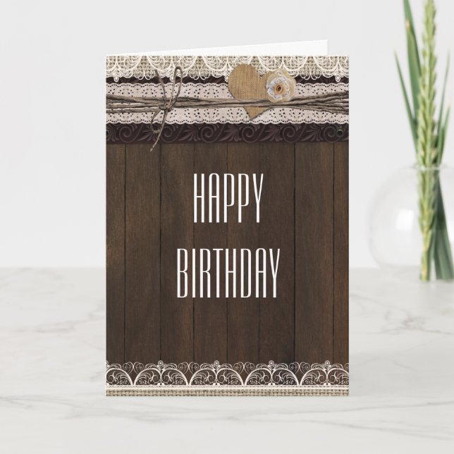 Rustique Pays Burlap Dentelle & Bois Plier Carte (Devant)