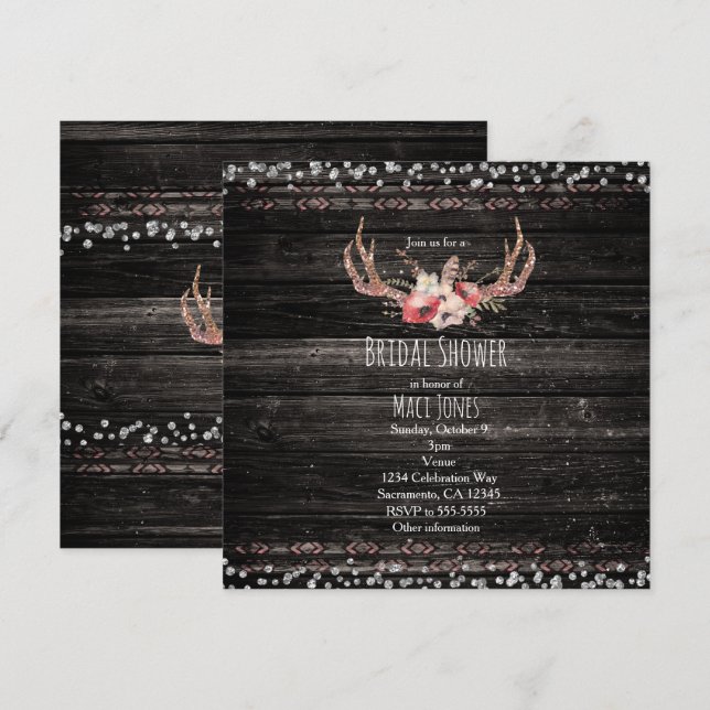 Rustique Pays Glam Fleurs & Antlers Invitation (Devant / Derrière)