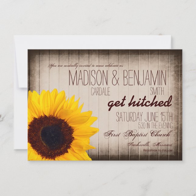 Rustique Pays Tournesol Bois Invitations de mariag (Devant)