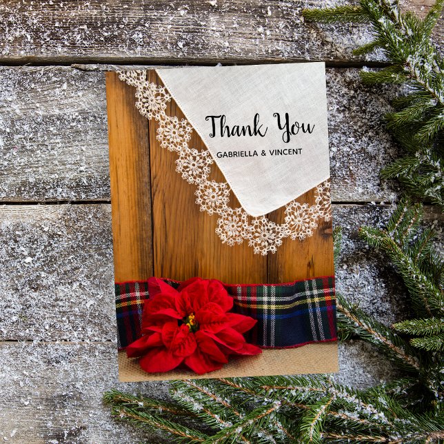 Rustique Poinsettia Plaid Merci de mariage hiverna (Show gratitude with this country Christmas thank you note card.)