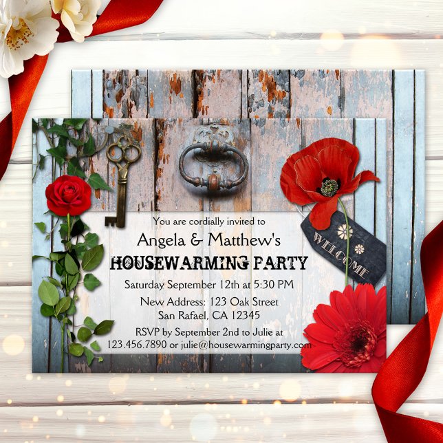 Rustique Romantique Floral Bois Invitation (Rustic housewarming invitation featuring a wood panel with door knocker, key and red flowers)