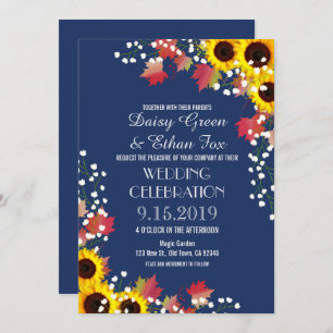 Rustique Sunflower Navy Blue Wedding Invitations