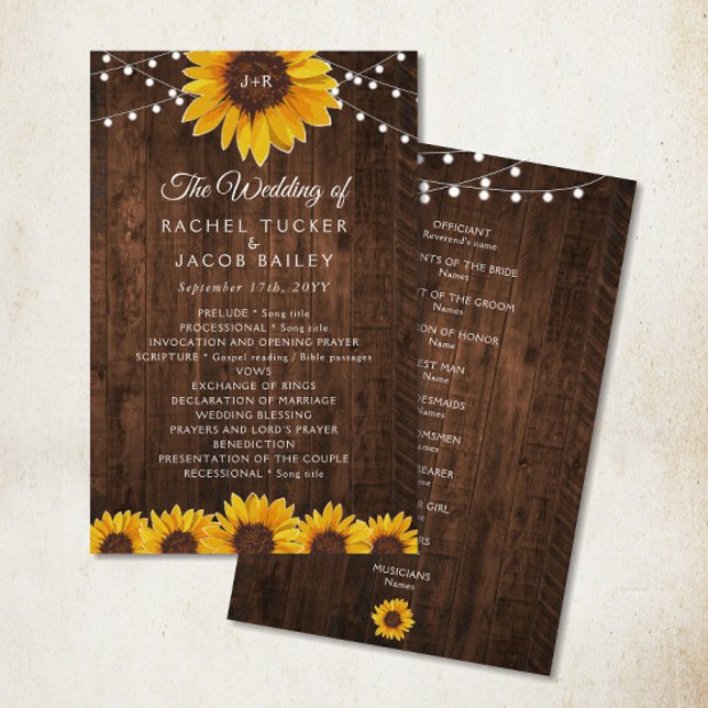 Rustique Sunflower String programme de mariage (Rustic sunflowers and string lights on wood wedding program)