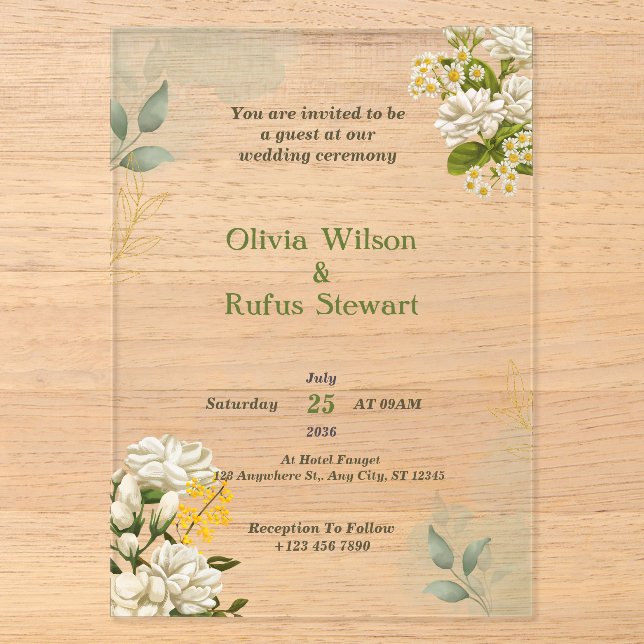Rustique Vert Floral Acrylique Mariage Invitations (Recto)