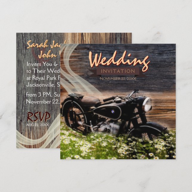 Rustique Vintage Motorbike Mariage Invitations (Devant / Derrière)