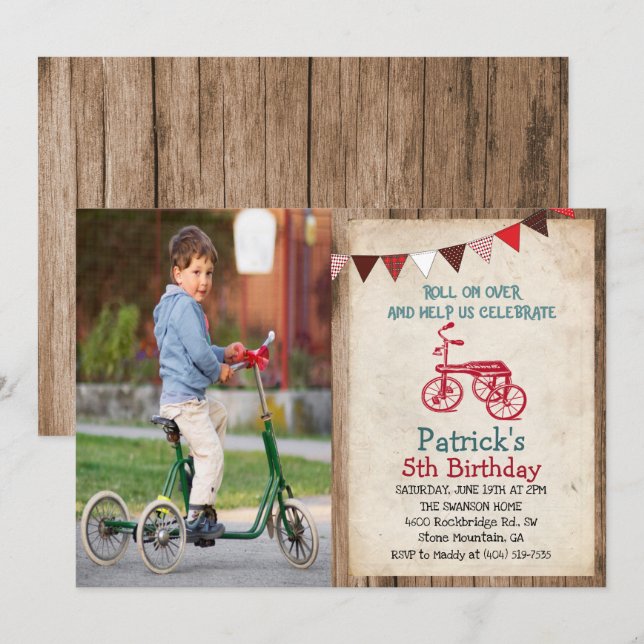 Rustique Vintage Tricycle Boy Invitation Anniversa (Devant / Derrière)