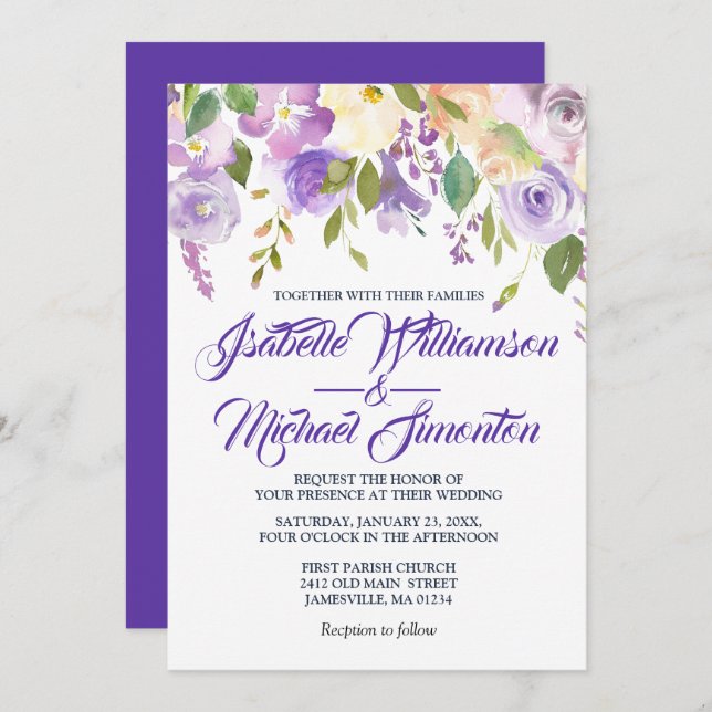 Rustique violet blanc floral Invitations de mariag (Devant / Derrière)