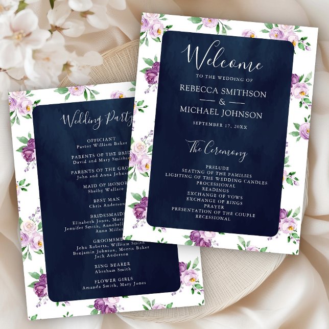 Rustique violet Floral Navy Blue Wedding Programme (Créateur téléchargé)