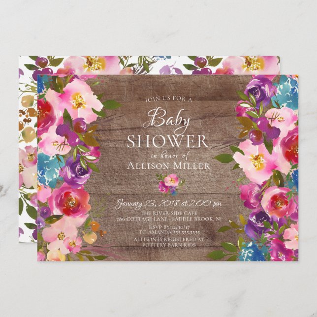 Rustique violet rose floral BÉBÉ Invitations de do (Devant / Derrière)