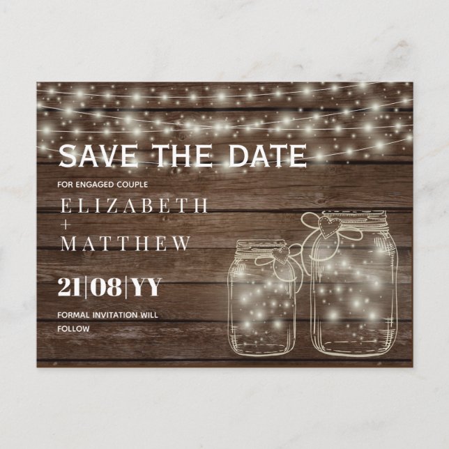 RUSTISCH Rett Date Mason Jars Strings Lights Hochz Postkarte (Vorderseite)