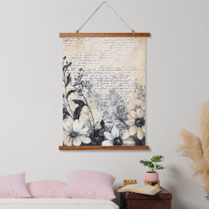 Rustische Blume und Kalligrafie - Braunpapier 1 Wandteppich Mit Holzrahmen