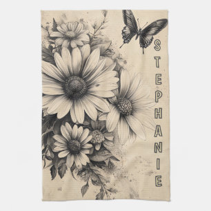 Rustische Blume und Schmetterlinge - Altpapier (11 Geschirrtuch
